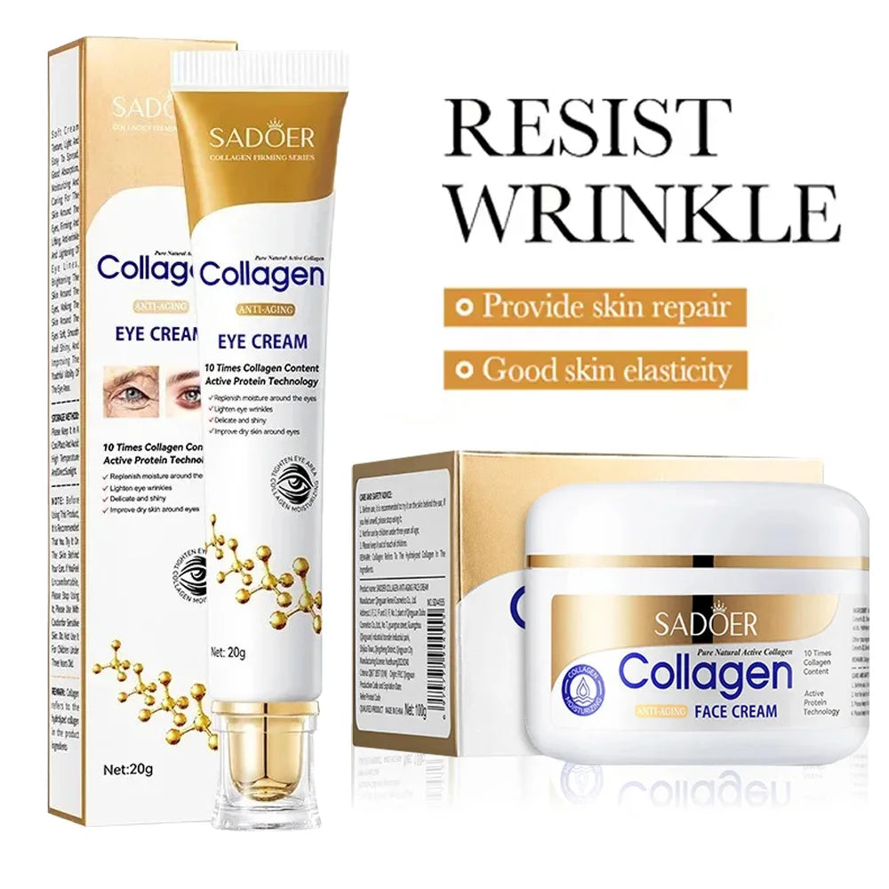 Kit de soins de la peau au collagène SADOER Crème pour les yeux et crème hydratante pour le visage Anti-cernes Anti-âge Soins hydratants pour la peau Ensemble de soins de la peau - JOUVENCE COREENNE